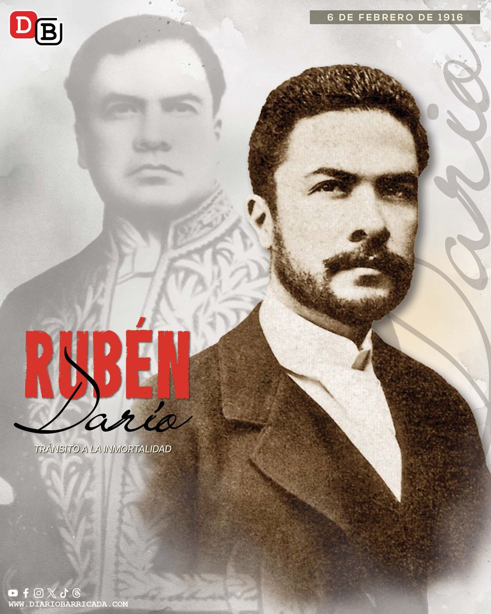 #Efemérides | 📜✨ El 6 de febrero de 1916 falleció en León Rubén Darío, "Príncipe de las Letras Castellanas" 📖 y Héroe Nacional. Poeta, periodista y diplomático 🖋️📰, revolucionó la literatura en español con el modernismo.