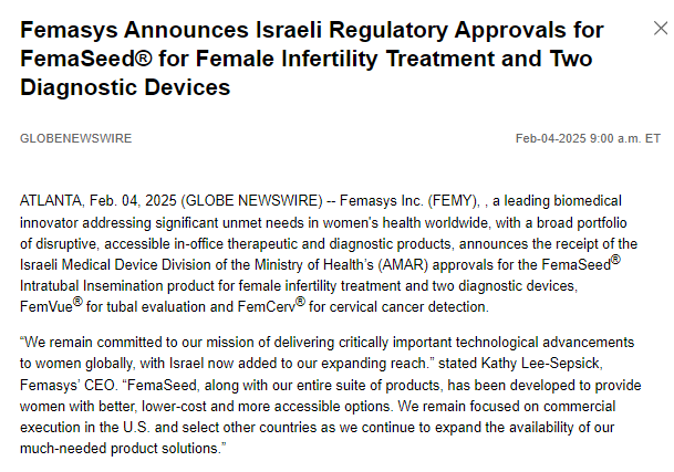 TadDickson333's tweet photo. @FemasysInc Announces #Israeli Regulatory Approvals for #FemaSeed® for Female #Infertility Treatment and Two #Diagnostic Devices. #STOCKNews #Stocks $FEMY #NewYork #CALIFORNIA #Babies #Children #Life #America #Investments #NASDAQ More #Options https://t.co/1qYcEvQKzo