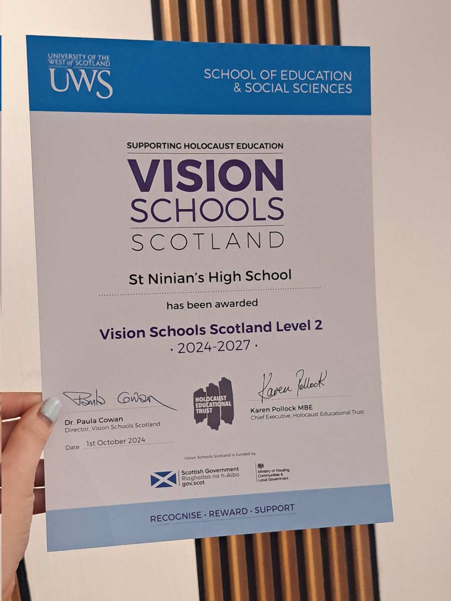 SNHS History (@history_snhs) on Twitter photo What a fantastic day at the <a href="/VisionSchools/">Vision Schools</a> awards. We are delighted to receive our Level 2 Vision Schools accreditation. Well done to our wonderful pupils for continuing to learn about the Holocaust, we will always remember, so that we never forget 💜🕯 <a href="/DavidKillin/">Mr Killin</a> <a href="/stninianshs/">St Ninian's HS</a> What a fantastic day at the <a href="/VisionSchools/">Vision Schools</a> awards. We are delighted to receive our Level 2 Vision Schools accreditation. Well done to our wonderful pupils for continuing to learn about the Holocaust, we will always remember, so that we never forget 💜🕯 <a href="/DavidKillin/">Mr Killin</a> <a href="/stninianshs/">St Ninian's HS</a>
