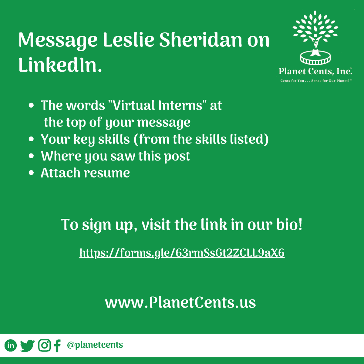 REMOTE INTERN AT A CLIMATE STARTUP!
MUST MEET OUR CRITERIA!
Interns have 2+ roles.
Message Leslie Sheridan on LinkedIn or at: forms.gle/63rmSsGt2ZCLL9…
FREE 1-yr. subscription deadline 1-1-25
PlanetCents.us
#planetcents #interns #internship #climatechange