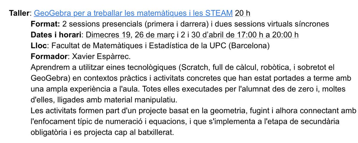 Geogebra per treballar les matemàtiques i les STEAM

↗️Inici: 19 de març 
↗️Inscripcions fins 15 de febrer!

🔗 Més info i formular inscripcions  ja.cat/GeogrbraMates