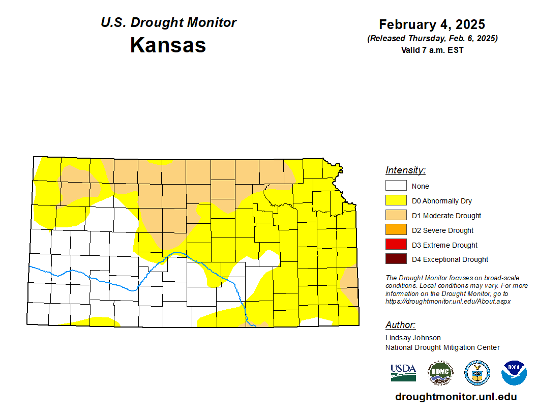kswateroffice's tweet photo. Weekly #ksdrought monitor: D1 conditions in Northeast Kansas lessened to D0. Conditions throughout the rest of the state remained similar to last week. #kswater https://t.co/oRbRanJUAi
