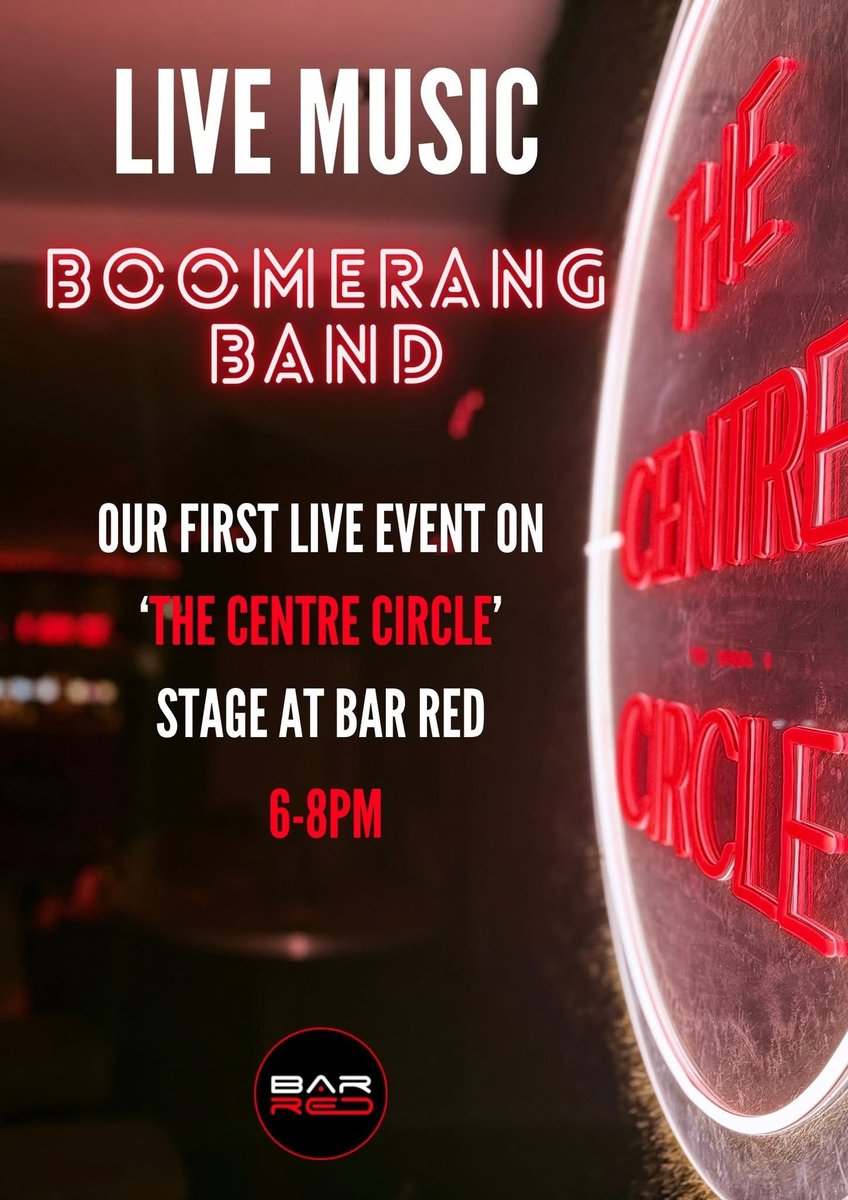 LIVE MUSIC🎶 
We have our first live event on ‘The Centre Circle’ stage in Bar Red this Saturday after the rugby at 6pm, we welcome for the first time BOOMERANG, entry free!
#BarRed2025 #SupportLiveMusic
