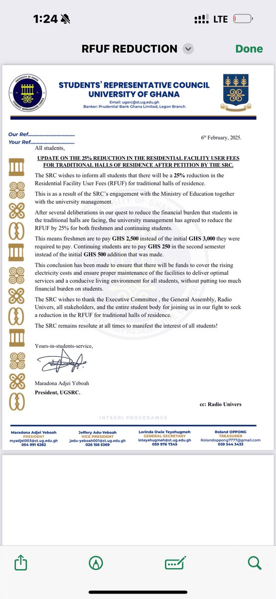 🔱🔰UPDATE ON THE 25% REDUCTION IN THE RESIDENTIAL FACILITY USER FEES FOR TRADITIONAL HALLS OF RESIDENCE AFTER PETITION BY THE SRC

©️67TH UGSRC ADMINISTRATION 🏅