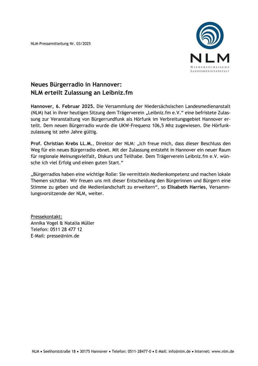 Endlich wieder Bürgerradio in Hannover! #LeibnizFM ist heute von der Versammlung der <a href="/nlm_de/">NLM</a> die Sendelizenz erteilt worden. Herzlichen Glückwunsch und auf inspirierende Lokal-News und zukunftsorientierte, bunte Themen‼ #GewerkschaftderMedien