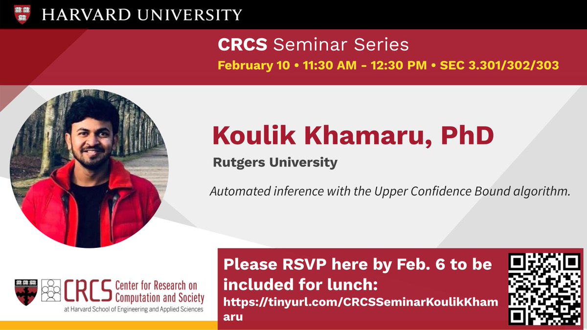 HCRCS's tweet image. 🚨Last call to register - Koulik Khamaru from Rutgers will discuss &quot;Automated Inference with Upper Confidence Bound Algorithm&quot; 

📅 Date: Monday, Feb 10
⏰ Time: 11:30 AM - 12:30 PM
📍 Location: SEC 3.301/302/303

RSVP by the end of the day TODAY (2/6) 
tinyurl.com/CRCSSeminarKou…