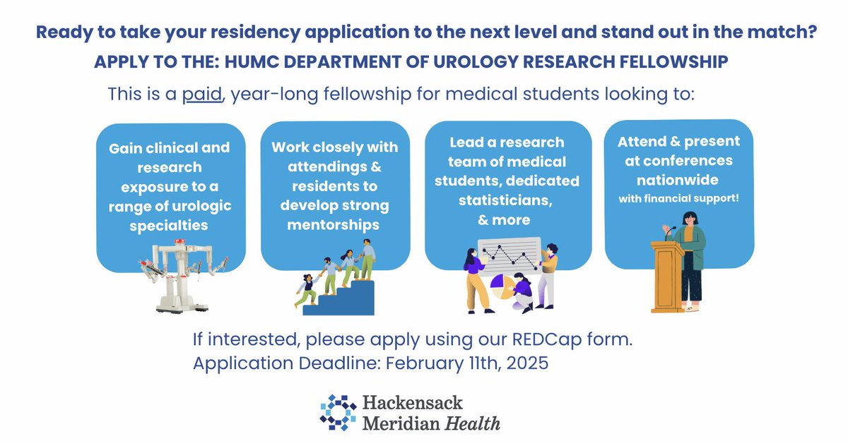 Sonam Saxena (@sonam_sax) on Twitter photo The <a href="/HUMCUrology/">HackensackUMC Department of Urology</a> research fellowship applications will be open until 2/11!
This opportunity is perfect for any med student who wants to strengthen their research & urology foundation as well as build ties to the urology community.
REDCap application:
redcap.hmhn.org/redcap/surveys… The <a href="/HUMCUrology/">HackensackUMC Department of Urology</a> research fellowship applications will be open until 2/11!
This opportunity is perfect for any med student who wants to strengthen their research & urology foundation as well as build ties to the urology community.
REDCap application:
redcap.hmhn.org/redcap/surveys…