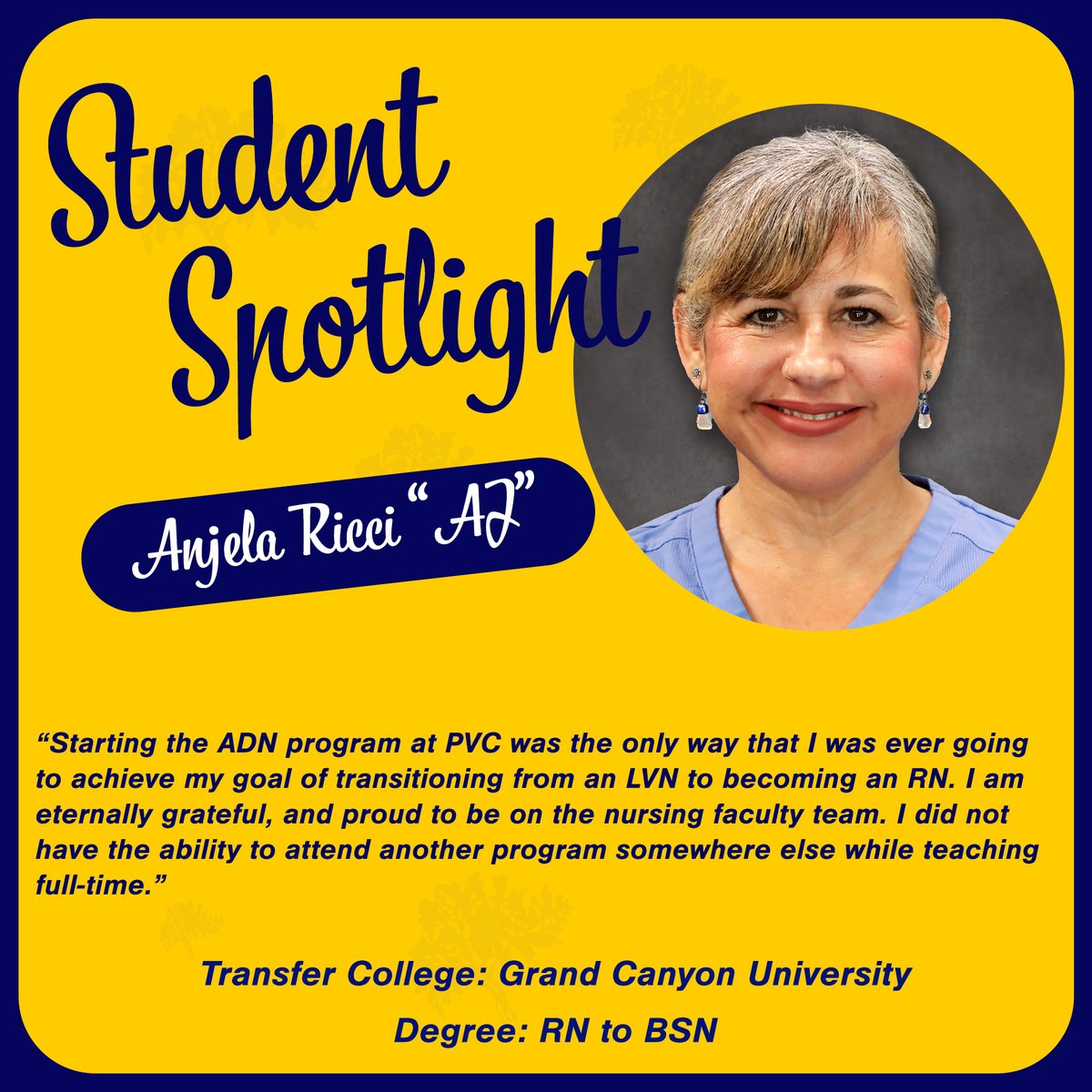 We are thrilled to recognize Anjela Ricci, "AJ" , in our Transfer Student Spotlight! AJ is a dedicated nurse and educator, who was not only a student of the first cohort of our Associate Degree in Nursing (ADN) program but also a full-time faculty member.