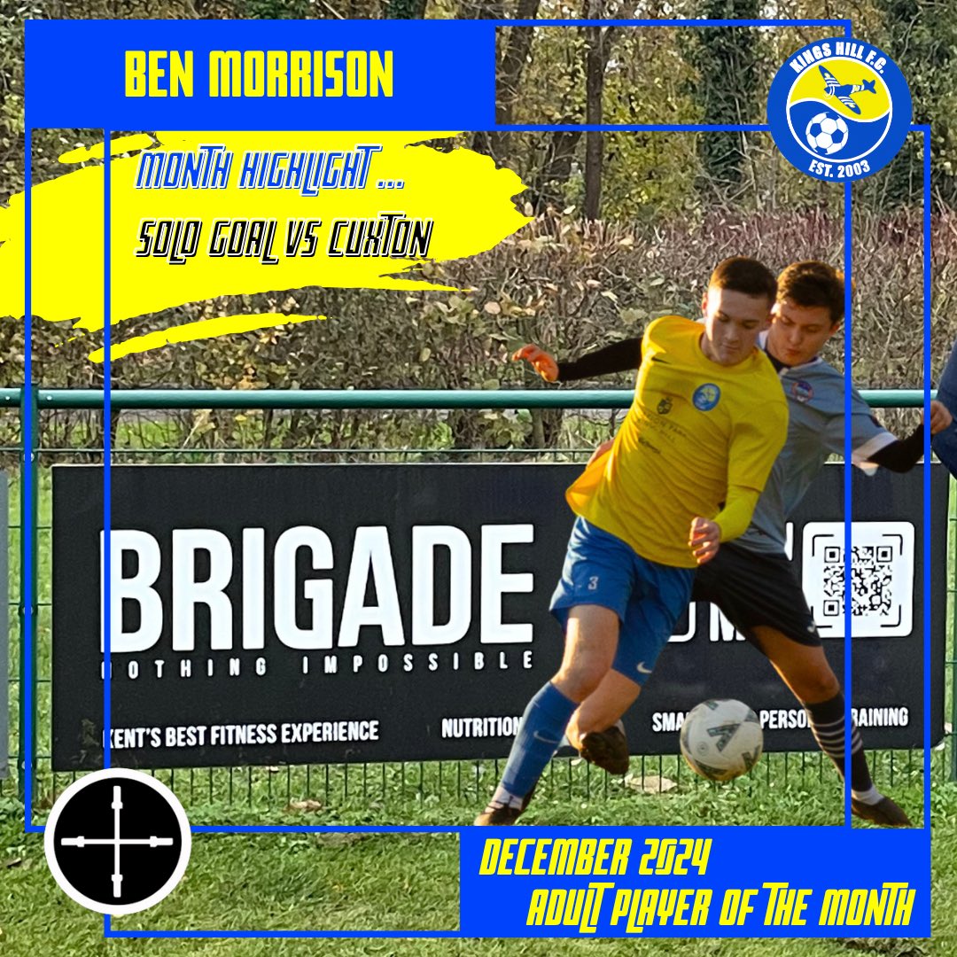 🏆 Adult POTM - December 2024 🏆

A huge congratulations to Ben Morrison for winning POTM. Ben has been electric in the Men’s 1st team with stellar performances and an insane solo goal winning him this award.

Thank you to Brigade Fitness for their support of this award.

🟡🔵