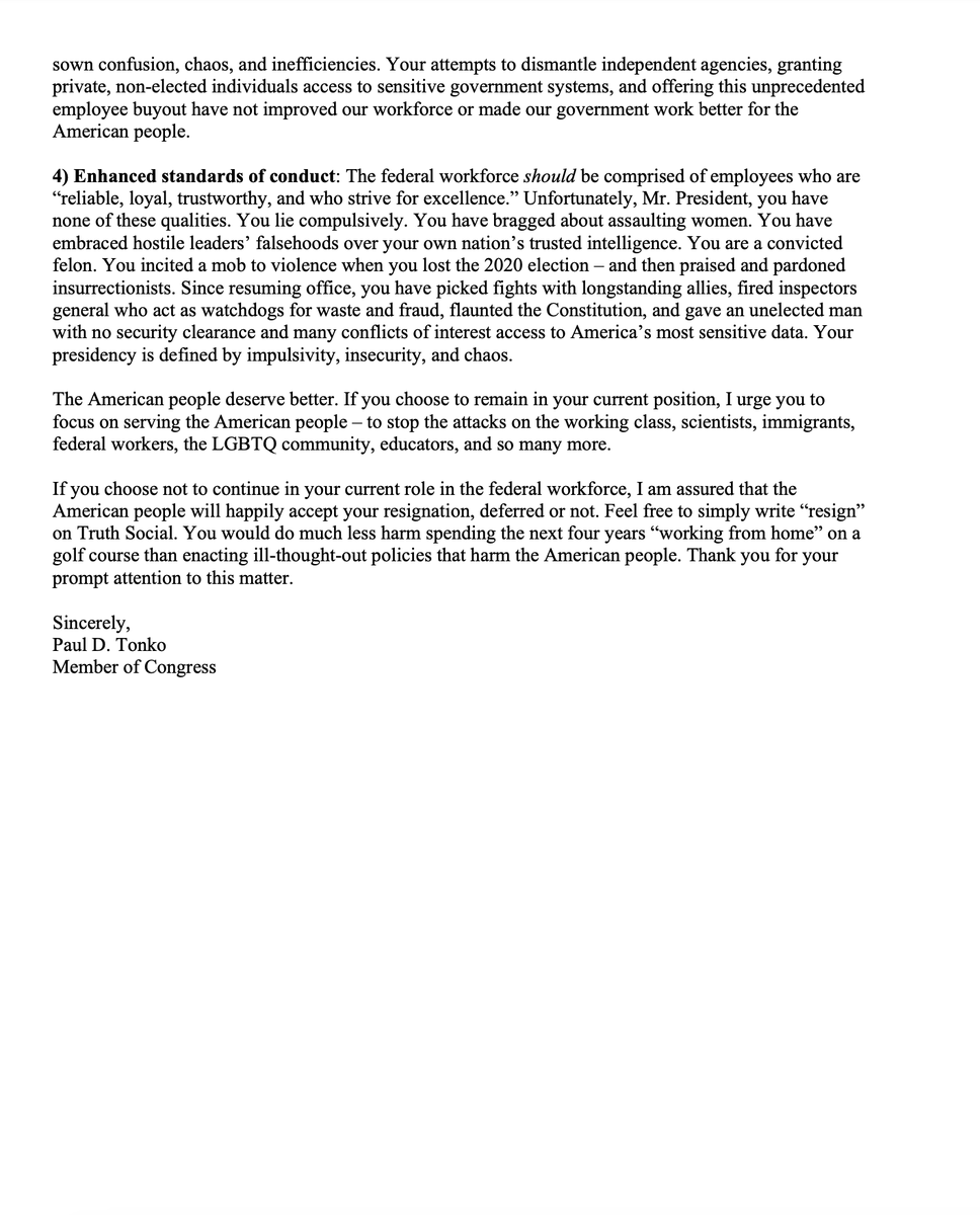 KevinJFrey's tweet photo. .@RepPaulTonko to Trump, in a letter defending federal workers: 

"I am writing to encourage you to take the same deal you made to our federal workforce – to resign your current post."

"Feel free to simply write 'resign' on Truth Social." https://t.co/uL5zGXpPwg