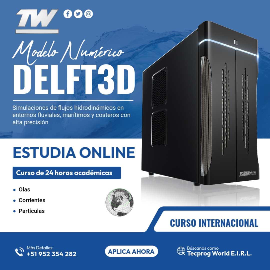 mundotecprog's tweet image. 🌊🌍 Domina la hidrodinámica con Delft3D 🌍🌊
Aprende a simular flujos de agua en entornos complejos con nuestro curso online de 24h. Domina #Delft3D para analizar #Olas, #Corrientes y #Partículas, clave en #Ingeniería, #GestiónCostera y #SimulacionesFluviales.
#Hidrodinámica