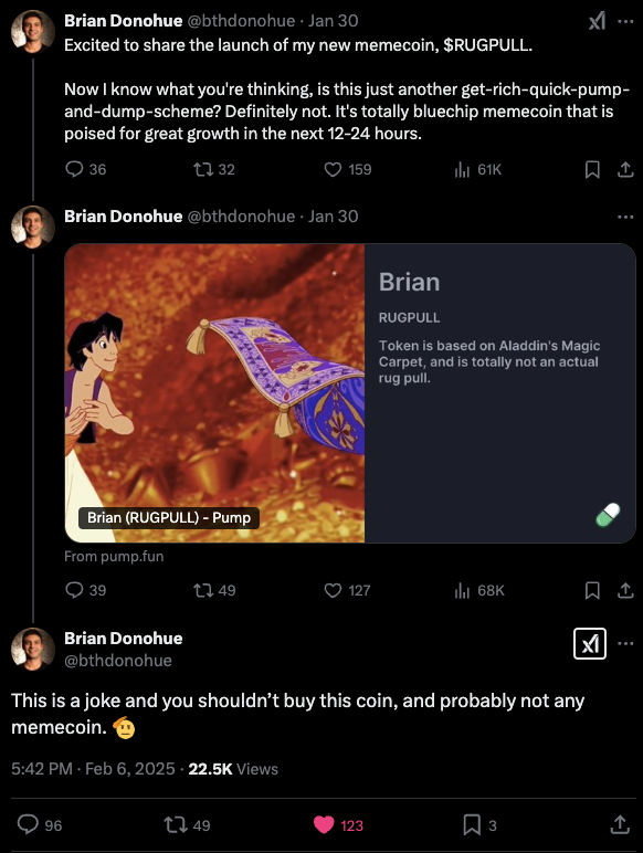 Today degens found out that the director of @doordash , <a href="/bthdonohue/">Brian Donohue</a> launched a pumpfun and called it Rugpull

Some very interesting names bought and interacted with that tweet go to the tweet for reference

It was criminally undervalued at 600k , shared it in the TG it hit a 5x