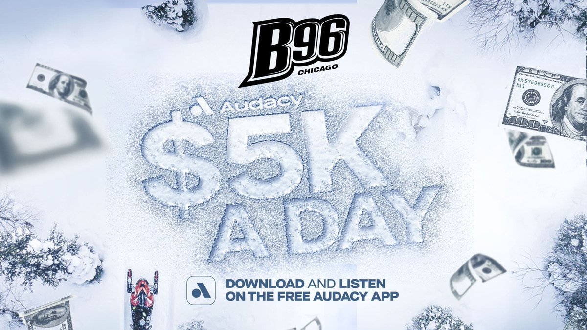Enter to win $5,000 with Audacy and B96’s $5K A Day!
To enter this national contest:
1. Download the free Audacy app
2. Listen to our station for one hour to get your entry
Don’t miss your chance to win $5,000!
Download &amp; Listen: audacy.com/stations/b96