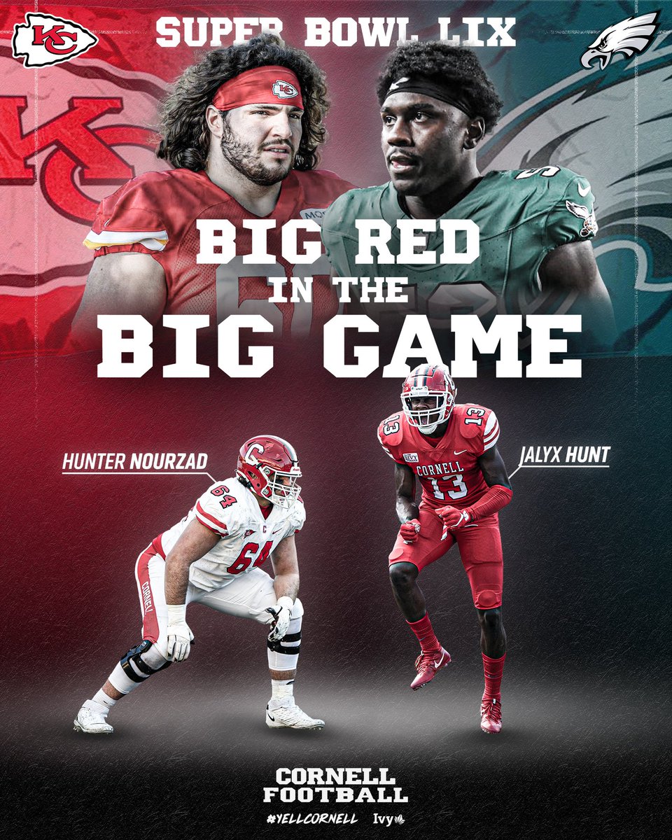 BIG RED in the BIG GAME‼️

Former Big Red teammates Hunter Nourzad and Jalyx Hunt will square off this Sunday in New Orleans at Super Bowl LIX.

No matter the outcome, the Big Red will bring back hardware to Ithaca 🏆

#YellCornell