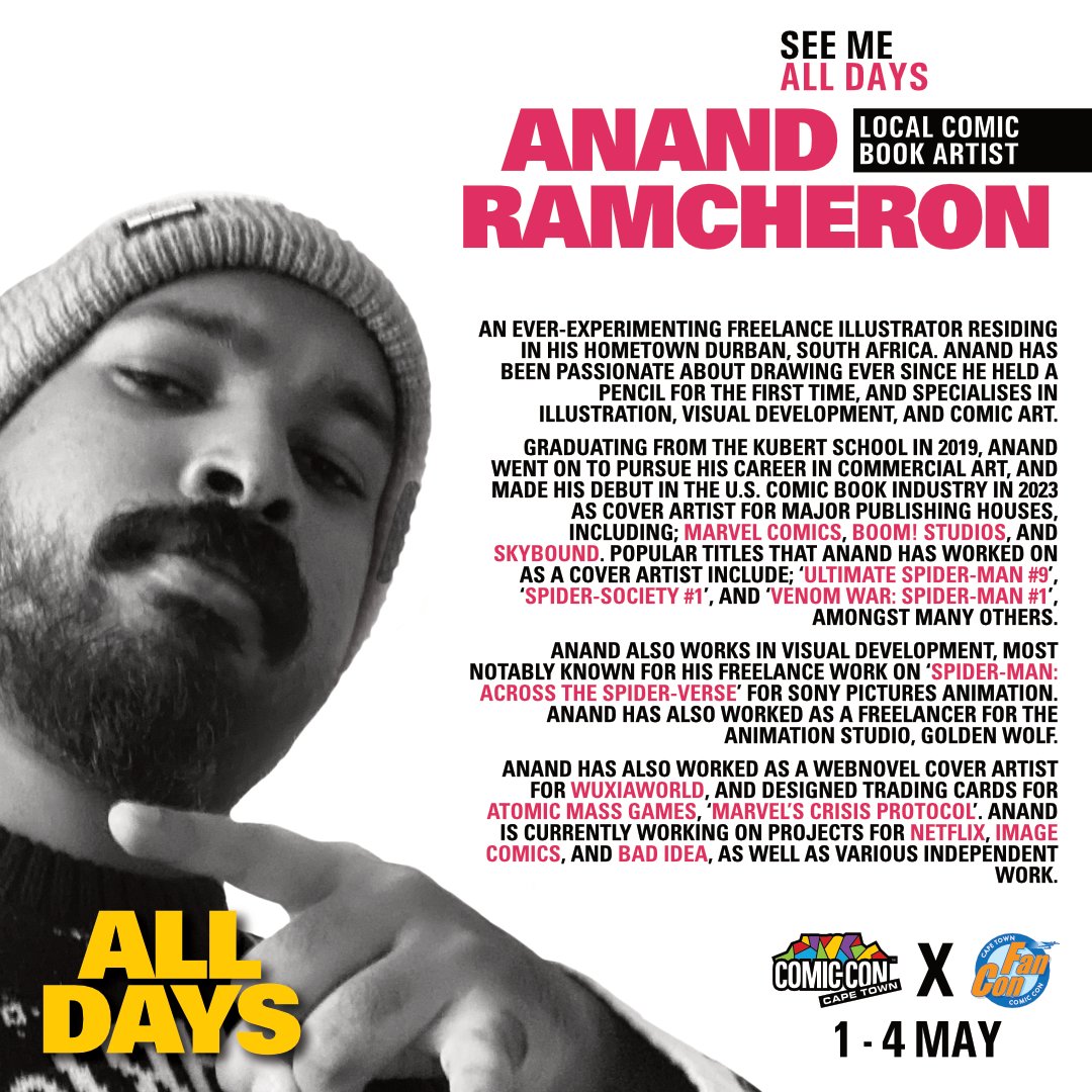 Introducing the first local <a href="/ComicConCPT/">Comic Con Cape Town</a> Artist Alley spotlight guest, ANAND RAMCHERON! 
Anand is a freelancer who has contributed to the Spider-Man: Across the Spider-Verse animated film, as well as cover art for many Spider-Man titles for Marvel !
🗓️ 1 - 4 May, 2025 
📍 CTICC 2