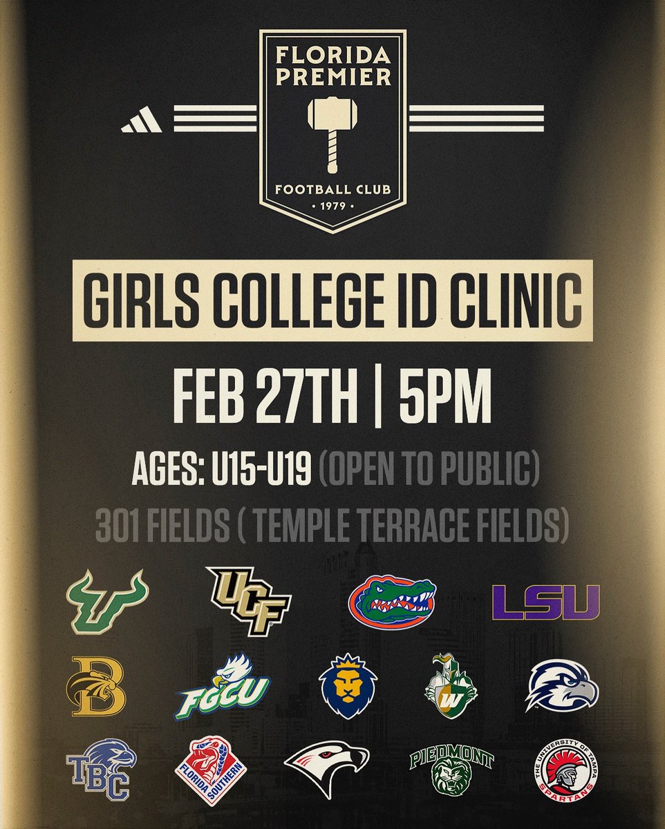 Florida Premier FC 𝗚𝗶𝗿𝗹𝘀 𝗖𝗼𝗹𝗹𝗲𝗴𝗲 𝗜𝗗 𝗖𝗹𝗶𝗻𝗶𝗰 is excited to announce new college’s attending our annual Girls College ID Clinic February 27th! Open to players U15-U19!
••
Open to public register today: floridapremierfc.com/id-clinic-girls
<a href="/ImYouthSoccer/">ECNL/GA/Recruiting/College Soccer</a>