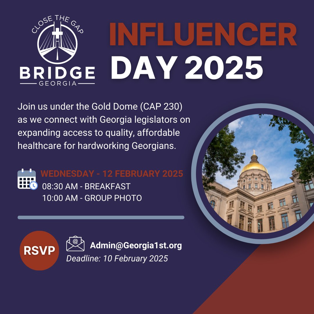Ga1stPplOverPol's tweet image. We need YOU on Feb. 12! Our work to close Georgia&apos;s #HealthcareCoverage gap continues. RSVP: Admin(at)georgia1st.org. We&apos;ll network, organize, &amp;amp; connect w/ our GA legislators in the Senate &amp;amp; House. All Georgians need access to quality, affordable healthcare. #BRIDGEga