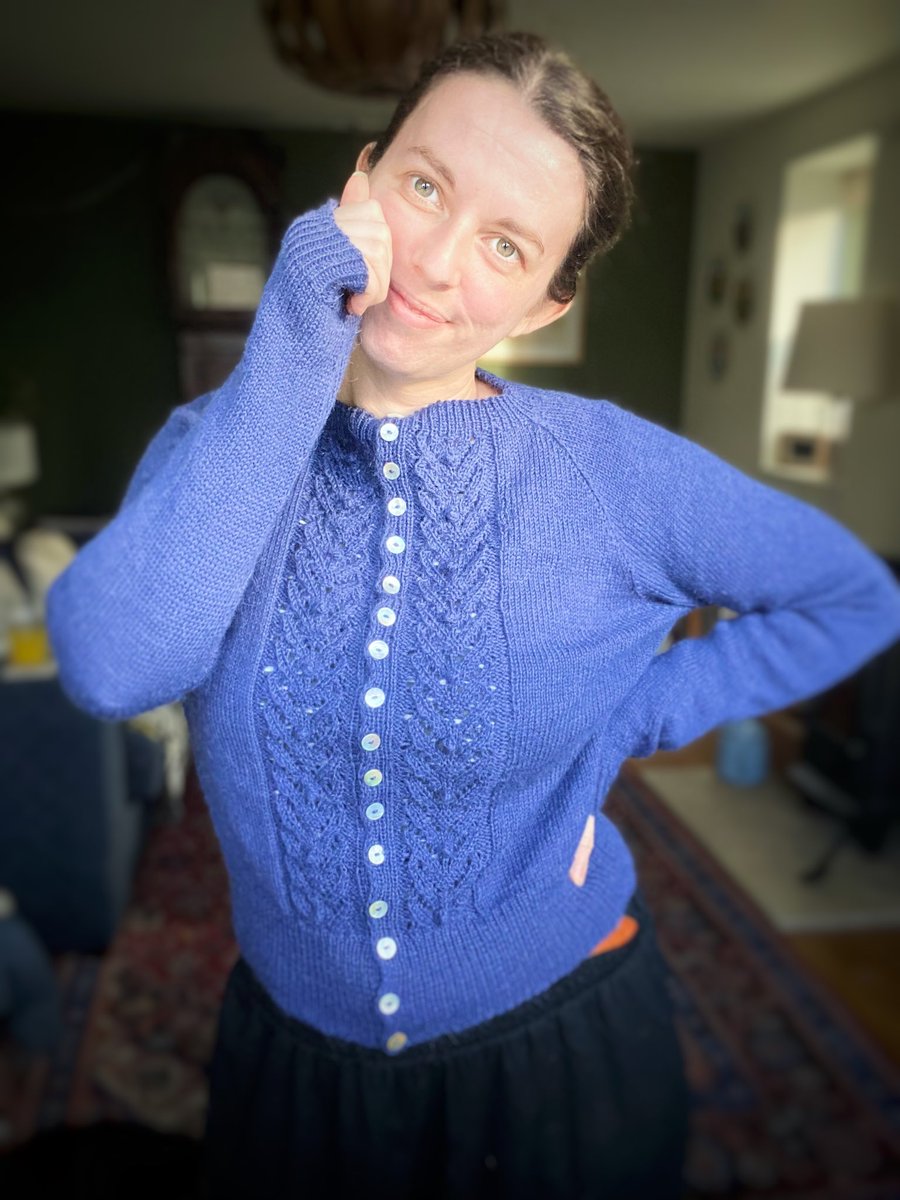 She’s done. First time knitting lace panels and crochet bobbles, loving learning new skills. I’m thrilled and I think it looks like something Miss Lemon might wear!