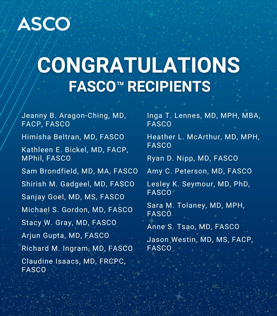 Join us in congratulating the following members on earning the Fellows of ASCO (FASCO) distinction last quarter! We are grateful for their extraordinary volunteer service, dedication, and commitment to ASCO. 

Learn more: brnw.ch/21wQwer