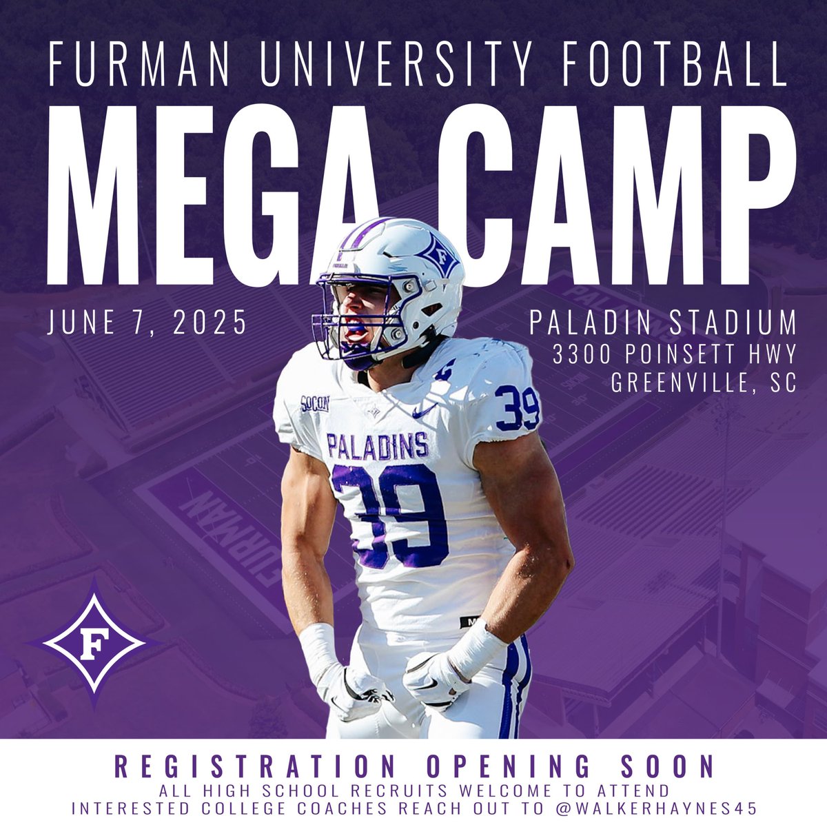 Furman Football (@paladinfootball) on Twitter photo 🚨Mega Camp Announcement 🚨
<a href="/FUCoachHendrix/">Clay Hendrix</a> Mega Camp
🗓️ June 7th, 2025
📍Location at Furman University in Greenville, South Carolina
🏈 5 football fields for competition
2x Sessions
➡️ All High School Recruits
➡️College Coaches will be attending
🔗Registration opens soon! 🚨Mega Camp Announcement 🚨
<a href="/FUCoachHendrix/">Clay Hendrix</a> Mega Camp
🗓️ June 7th, 2025
📍Location at Furman University in Greenville, South Carolina
🏈 5 football fields for competition
2x Sessions
➡️ All High School Recruits
➡️College Coaches will be attending
🔗Registration opens soon!