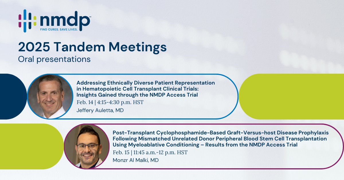 NMDP (@nmdp_org) on Twitter photo Heading to #Tandem25? Don’t miss oral presentations by Dr. <a href="/JeffAuletta/">Jeff Auletta</a> and <a href="/cityofhope/">City of Hope</a>'s <a href="/DrMonzrAlMalki/">Monzr M. AlMalki, MD</a> on new ACCESS trial research tackling non-HLA barriers in cell therapy and improving all patient outcomes. 🔬
👉 go.nmdp.org/4hMkIP6
👉 go.nmdp.org/40KxNSi Heading to #Tandem25? Don’t miss oral presentations by Dr. <a href="/JeffAuletta/">Jeff Auletta</a> and <a href="/cityofhope/">City of Hope</a>'s <a href="/DrMonzrAlMalki/">Monzr M. AlMalki, MD</a> on new ACCESS trial research tackling non-HLA barriers in cell therapy and improving all patient outcomes. 🔬
👉 go.nmdp.org/4hMkIP6
👉 go.nmdp.org/40KxNSi