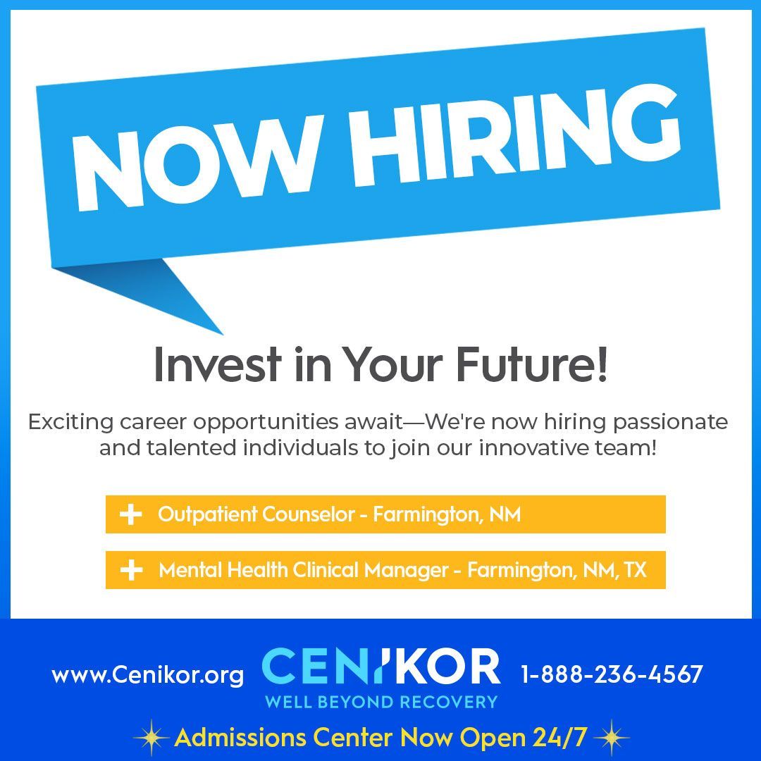Invest in your future! Cenikor is hiring for positions across Texas and New Mexico.  

Join us and start your future today! 

#CenikorChampions #WellBeyondRecovery #Hiring #NowHiring #Growth #TexasEmployment #NewMexicoEmployment