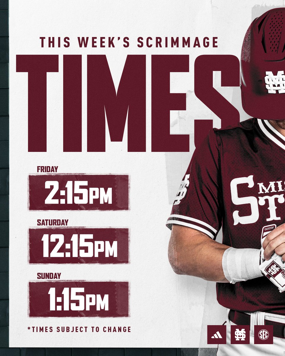 One last weekend of Maroon 🆚 Black scrimmages at The Dude!  
 
▪️Friday - 2:15 PM   
▪️Saturday - 12:15 PM
▪️ Sunday - 1:15 PM

#HailState🐶