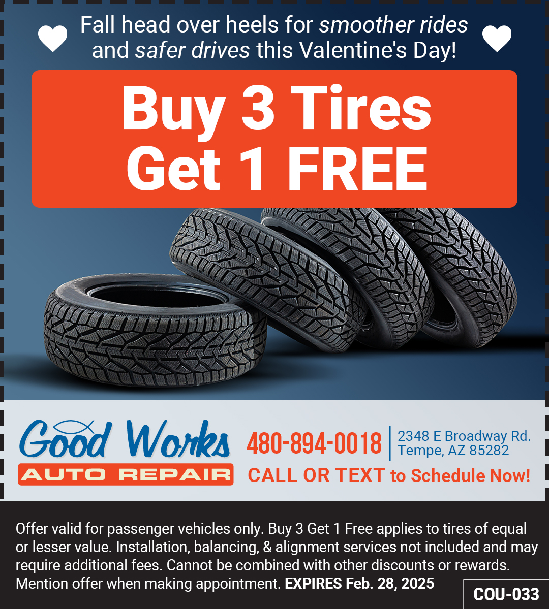GoodWorksAuto's tweet image. How are your tires looking?🤔 If they're worn or you're just thinking about a fresh set, NOW is the time! Buy 3 tires and get 1 FREE now through the end of February!  🚗 Check out all our specials here: goodworksautorepair.com/coupons/ 
#carcare #autorepair #prev...