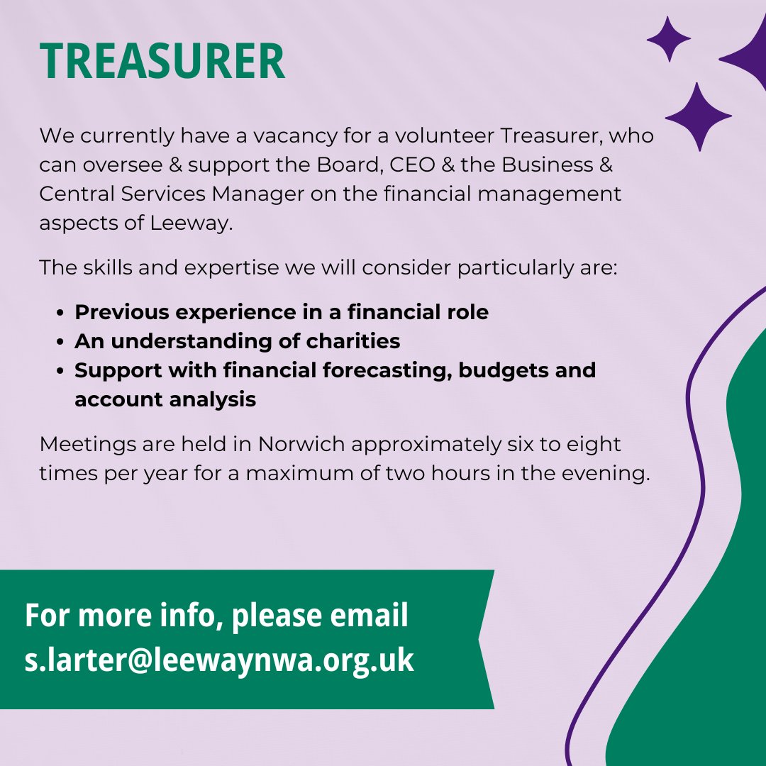 Leeway (@leewaydv) on Twitter photo We have some exciting opportunities to join Leeway's Board! These are voluntary roles, with the Board meeting in Norwich around 6 to 8 times a year. If you are interested and would like to apply, or would like additional information, please email s.larter@leewaynwa.org.uk. We have some exciting opportunities to join Leeway's Board! These are voluntary roles, with the Board meeting in Norwich around 6 to 8 times a year. If you are interested and would like to apply, or would like additional information, please email s.larter@leewaynwa.org.uk.