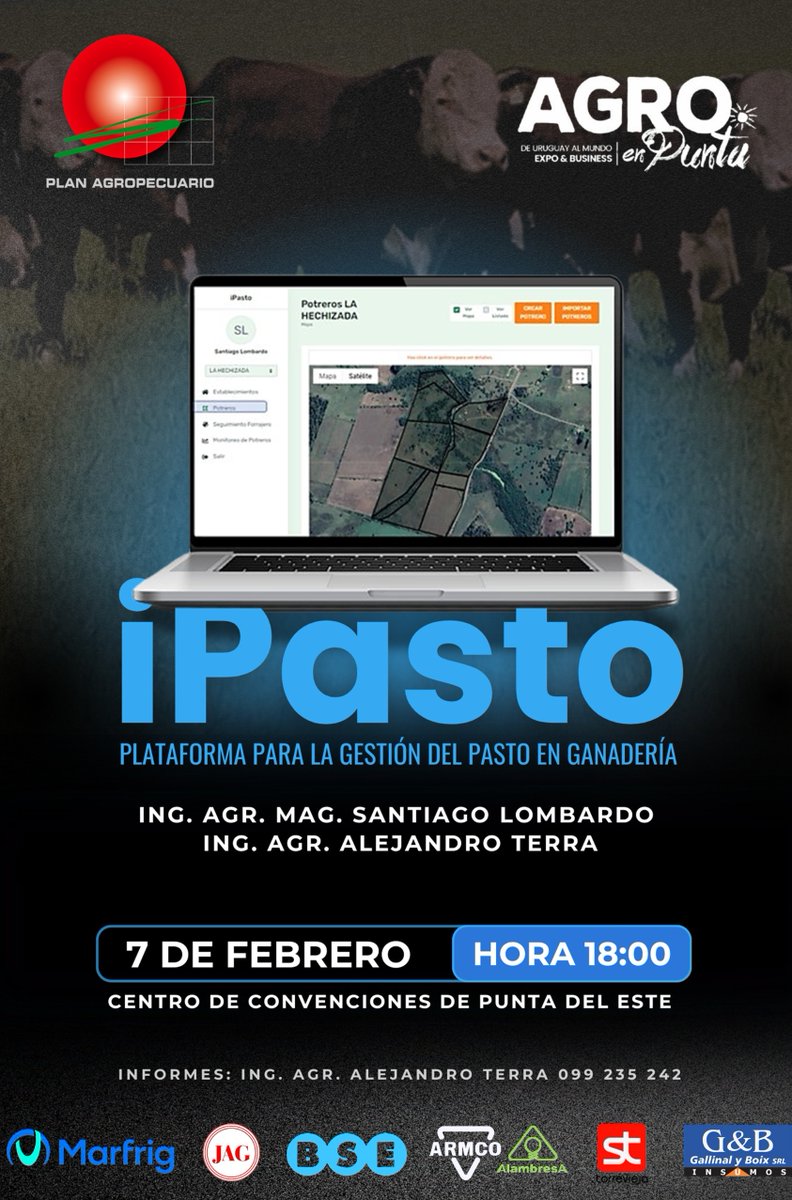 ¡Mañana #viernes!
🗓️7/2⏰18hs en📌@AgroenPunta

Charla
✔️iPasto, plataforma para la gestión del pasto en ganadería
🗣️<a href="/pulgaterra/">Alejandro Terra</a> <a href="/slombardo34/">Santiago Lombardo</a>

¡Te esperamos!
#Ganadería #Tecnología #Campo de 🇺🇾 al🌎

🎫Si sos #ProductorAsociado al Plan, gestión tu ingreso. (➕ℹ️clic en ALT 👇)