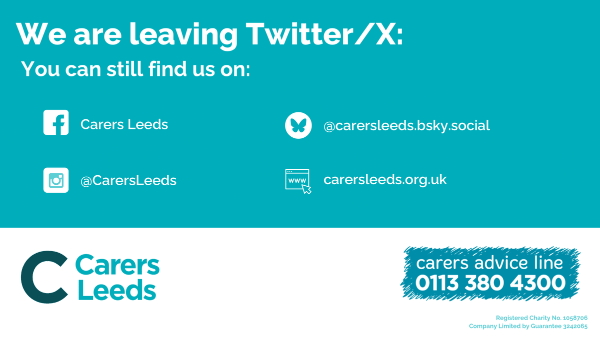 📢 We’re Leaving Twitter/X

Carers Leeds will no longer be posting on Twitter/X but we will keep speaking up for unpaid carers, as much as we can, everywhere else.

You can find us over on Facebook, Instagram, Bluesky and our website for information, advice, and support.