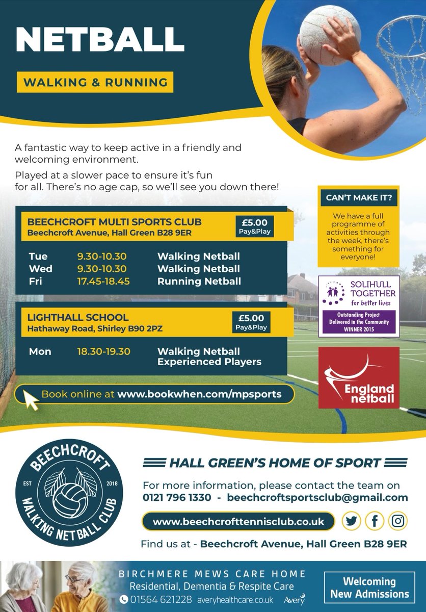 BeechcroftTMC's tweet image. USED TO PLAY NETBALL AND FANCY STARTING BACK BUT WORRIED YOU WONT KEEP UP? GIVE WALKING NETBALL A GO MONDAY NIGHTS AT @LIGHTHALLSCHOOL IN SHIRLEY BOOK HERE - bookwhen.com/mpsports #WalkingNetball  #back2netball #netballers #raring2gosolihull #ageuksolihull #sportbham