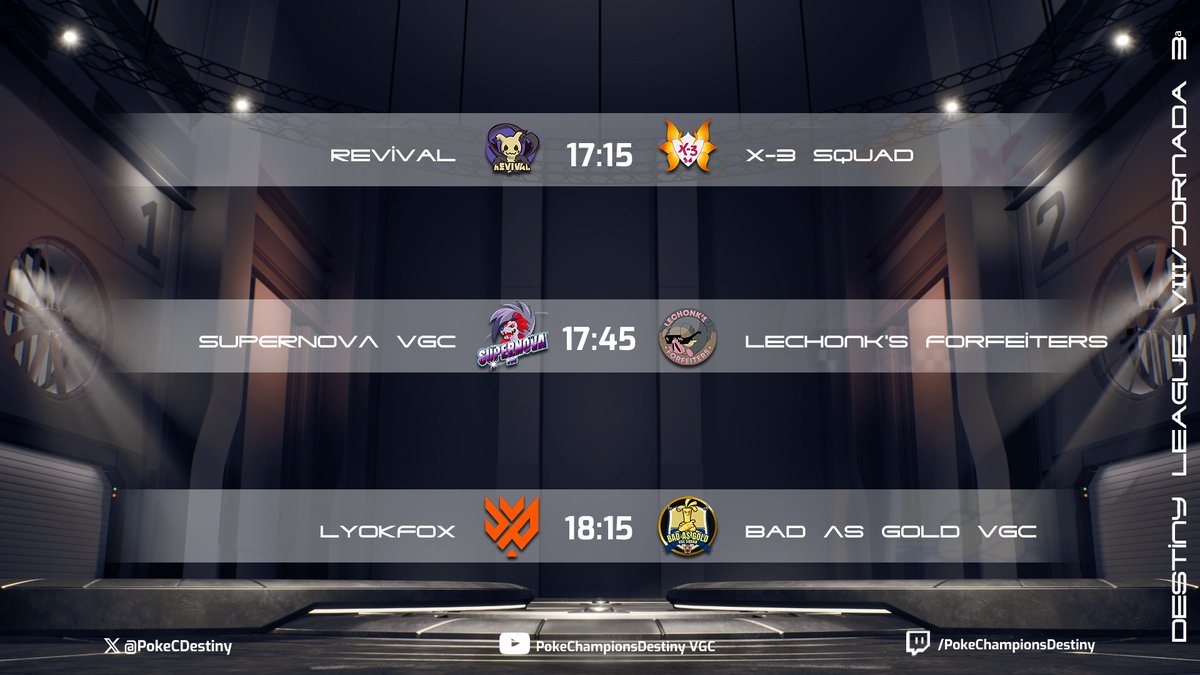 PokeChampionsDestiny (@pokecdestiny) on Twitter photo ¡Hora de la mejor liga de Pokémon VGC!🎉
¡Hoy tenemos tercera jornada de Destiny League!
🏆Disfruta de los mejores enfrentamientos de Pokémon VGC a las 17:00 en Twitch.
Hoy contaremos con las locuciones de <a href="/seduse_te/">Riku_te_seduse | garganacl enjoyer 🧂</a>, <a href="/TapuYolo/">TapuYolo (Diego)</a>, <a href="/EfrainPimienta2/">EfraVGC!</a>,y <a href="/MagmorVGC/">Gerardo Magariños</a> ¡Hora de la mejor liga de Pokémon VGC!🎉
¡Hoy tenemos tercera jornada de Destiny League!
🏆Disfruta de los mejores enfrentamientos de Pokémon VGC a las 17:00 en Twitch.
Hoy contaremos con las locuciones de <a href="/seduse_te/">Riku_te_seduse | garganacl enjoyer 🧂</a>, <a href="/TapuYolo/">TapuYolo (Diego)</a>, <a href="/EfrainPimienta2/">EfraVGC!</a>,y <a href="/MagmorVGC/">Gerardo Magariños</a>