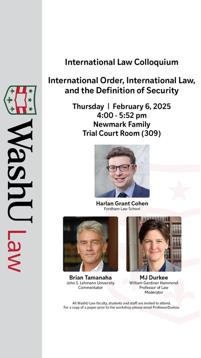 MJ Durkee (@mjdurkee) on Twitter photo Happy to welcome my former colleague <a href="/harlangcohen/">Harlan G. Cohen</a> of <a href="/FordhamLaw/">Fordham Law School</a> to the <a href="/WashULaw/">WashULaw</a> International Law Colloquium in St. Louis for hugely timely and interesting project on defining security in international law. ⤵️ Commentator is my WashU colleague Brian Tamanaha!🔥 <a href="/HarrisWorldLaw/">The Harris Institute</a> Happy to welcome my former colleague <a href="/harlangcohen/">Harlan G. Cohen</a> of <a href="/FordhamLaw/">Fordham Law School</a> to the <a href="/WashULaw/">WashULaw</a> International Law Colloquium in St. Louis for hugely timely and interesting project on defining security in international law. ⤵️ Commentator is my WashU colleague Brian Tamanaha!🔥 <a href="/HarrisWorldLaw/">The Harris Institute</a>