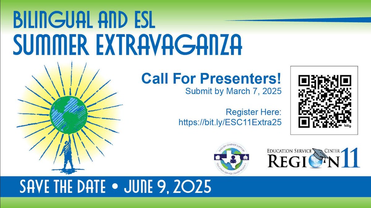 CALL FOR PROPOSALS OPEN--5th Annual R11 Bilingual and ESL Summer Extravaganza! Submit your proposals here: forms.gle/6jSBJyoAESCzsF… or follow the QR code. Due by March 7, 2025.