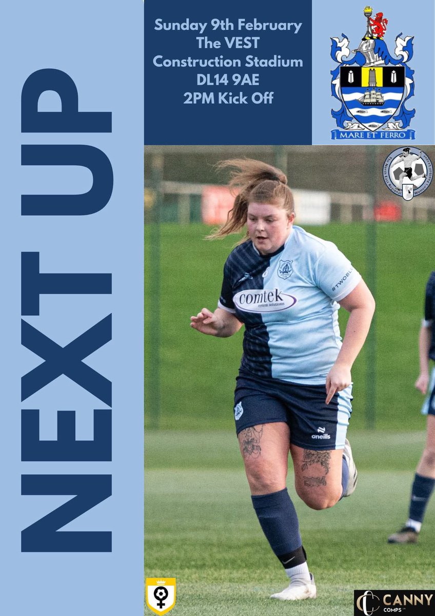 🚨NEXT UP

The Ladies Return to The VEST Construction Stadium

🆚️ Redcar Town Ladies
📅 9th Febuary 2025
🕑 Gates Open 1:30pm 2:00pm Kick Off
🏟 The VEST Construction Stadium, DL14 9AE
🎟 £3 Adults u 12s Free (cash only) 
🍔 Catering Hut &amp; Bar from 1:30pm 
#TheBishops #TwoBlues