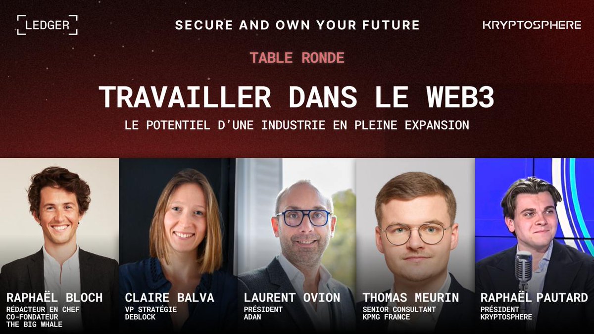 KRYPTOSPHERE_'s tweet photo. @KRYPTOSPHERE_  X @Ledger  : Spotlight on "Working in Web3"  Panel

Explore how Web3 is revolutionizing industries and creating new career opportunities through an exclusive panel at our @nft_paris :

🎙 Speakers:

- @ClaireBalva ( @DeblockApp )
- @laurentovion  ( @adan_asso )
- @meurinthomas_   ( @BlockchainPartn   )
- @PautardR     (@KRYPTOSPHERE_ )
- Moderated by @Raph_Bloch   (@TheBigWhale_ )

📅 When? Feb 13, 1 PM - 2 PM.

📍 Where? NFT Paris, private balcony.

@AntoineM_eth