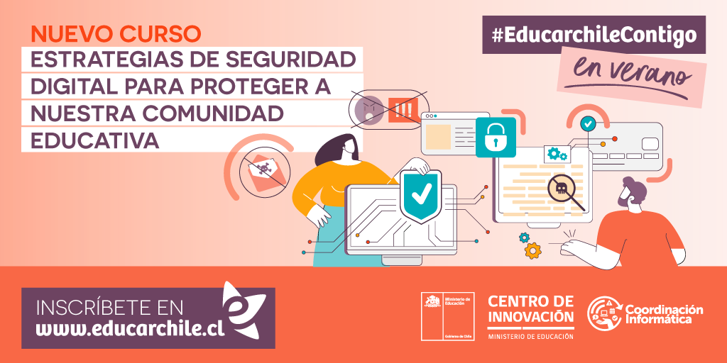 educarchile's tweet image. 👀 Te presentamos nuestro nuevo curso 100% online y gratuito “Estrategias de seguridad digital para proteger a nuestra comunidad educativa”, realizado junto al @InnovaMineduc y @costadigital.
Inscríbete en: cutt.ly/Fe5AIMcw ⬅️ #EducarchileContigoenVerano