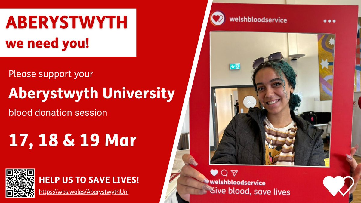 A date for your diary
🩸The Welsh Blood Service are on Penglais Campus next month.
📌 Medrus, Penbryn, Aberystwyth University
📅 17-19 March 2025
Book your appointment here: tinyl.io/C1hW