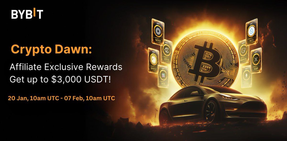 Don’t miss out on Bybit "Crypto Dawn" – your shot at daily prize pool of 3,000 USDT or more, and compete for the ultimate grand prizes of 1 Bitcoin and a Tesla Model 3!

👉 Join now: bybit.com/en/CryptoDawn/…

🗓 Campaign Period
📆 20 Jan – 07 Feb 2025
🎟 Grand Prize Draw: 08 Feb