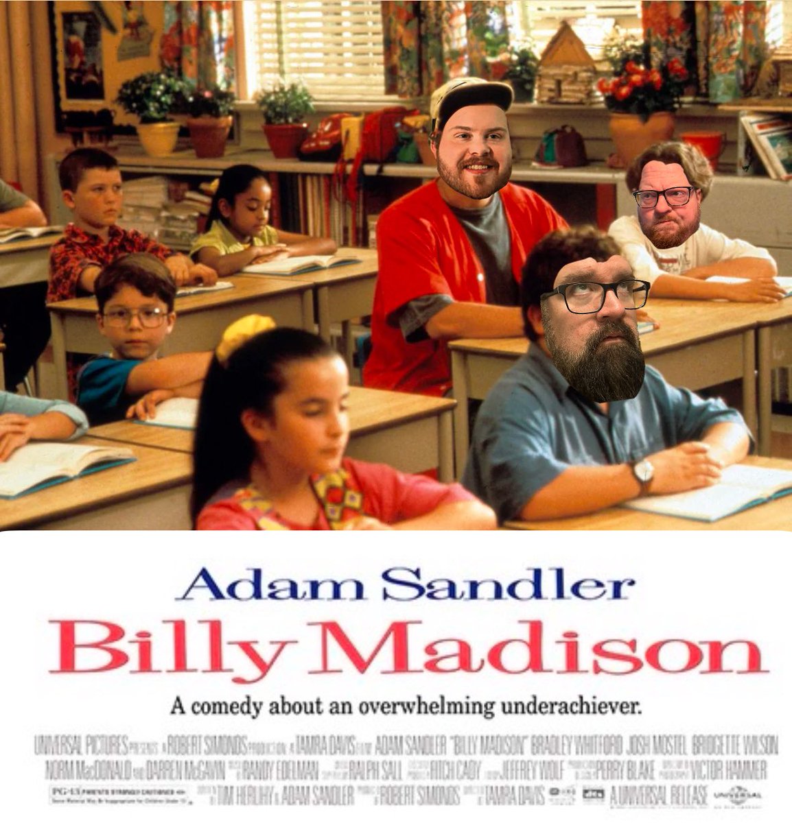 AvidIndoorzmen's tweet photo. Our episode on Billy Madison is out and it is cooler than peeing your pants! If peeing your pants is cool, consider me Miles Davis. Big thanks to Maxaphone for coming back and having some laughs with us. #BillyMadison #BadPhotoshop https://t.co/T0EQZKCZoy