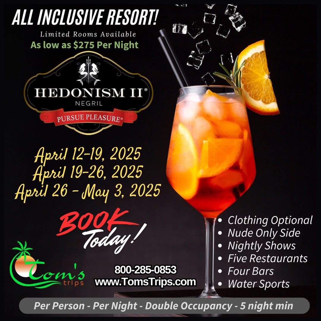 🌴 Escape to Hedonism Resort in Beautiful Jamaica! 🇯🇲

Toms Trips is your most awarded adult lifestyle travel agency, and we’re here to show you an unforgettable time! Here’s what you can expect:

✅ ADULTS-ONLY RESORT
👙 Clothing optional to full nude experience
🎤 Live