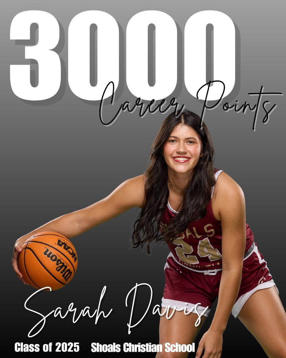 scs_wbb's tweet image. 3,000 career points. 1,499 rbds. A legacy of excellence. This week @sarahdavis2025 etched her name into Shoals Christian School history, and her journey is far from over! She’s @SEUFireWBB bound but first she leads Flame Basketball into the Sub Regional Tournament this Friday!