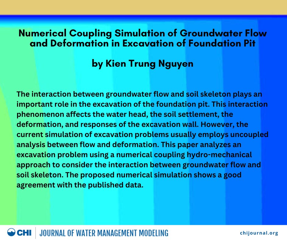 The JWMM has published this interesting paper "Numerical Coupling Simulation of Groundwater Flow and Deformation in Excavation of Foundation Pit" by Kien Trung Nguyen. Visit our website to read this and more recent publications. chijournal.org