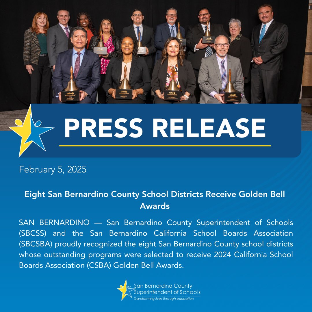 SBCountySchools's tweet image. SAN BERNARDINO — San Bernardino County Superintendent of Schools (SBCSS) and the San Bernardino California School Boards Association (SBCSBA) proudly recognized the eight San Bernardino County school districts whose outstanding programs were selected to receive 2024 California…
