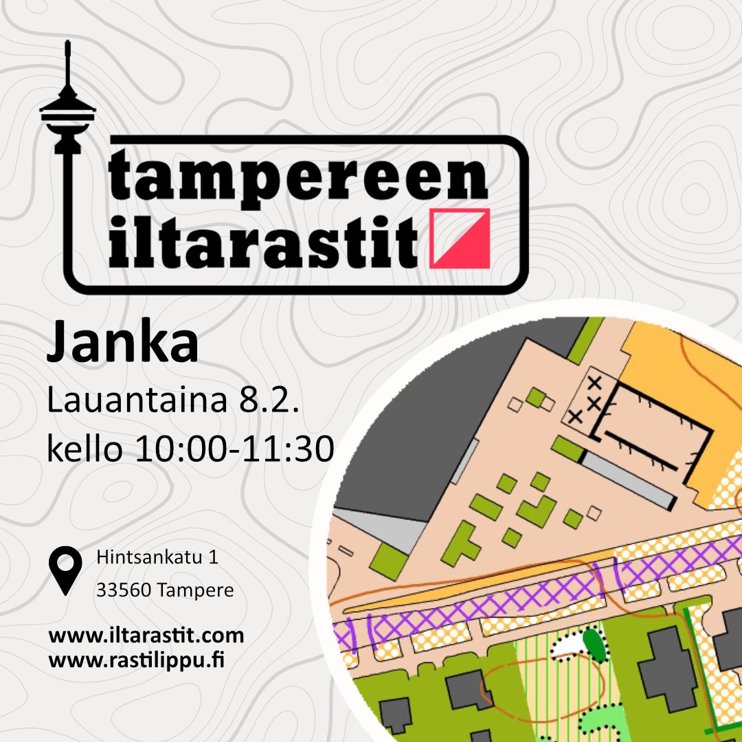 Tulevana lauantaina iltarastit suunnistetaan Jankan kortteleissa!

📌Kartanmyynti Takahuhdin koululla (Hintsankatu 1, 33560 Tampere) 
🏃‍♂️Lähdöt: 10.00-11.30
🗺Radat 3km, 5km, 7km
🌲Rastit sijaitsevat korttelissa

Tervetuloa suunnistamaan!
