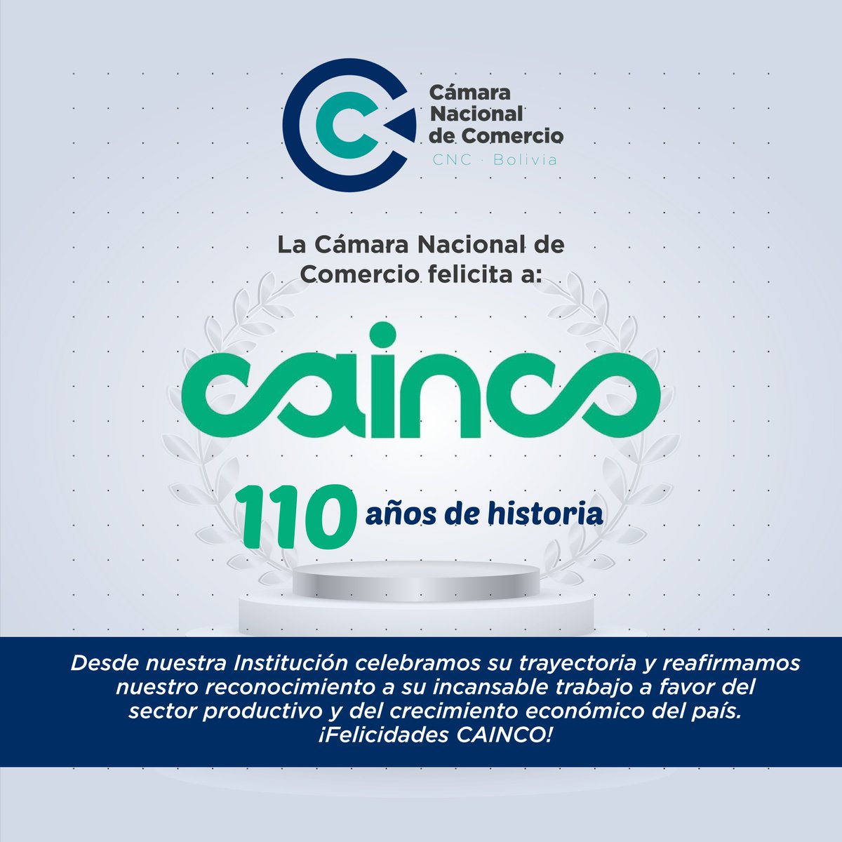 ¡Celebramos 110 años de historia junto a CAINCO!
La Cámara Nacional de Comercio extiende su reconocimiento a esta emblemática institución. 
¡Gracias CAINCO, por ser un pilar del desarrollo empresarial y económico del país!
#110añosCAINCO #CNCBolivia
