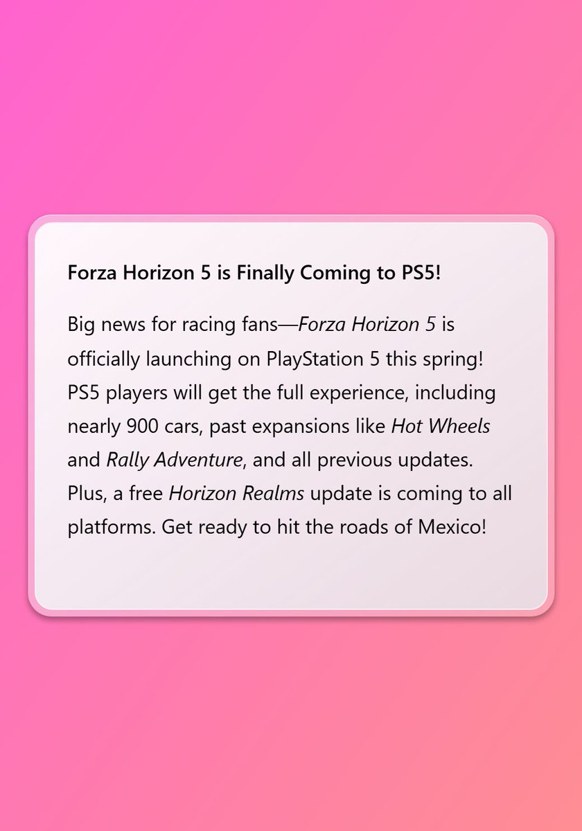 Blockbyte_in's tweet photo. Forza Horizon 5 is coming to PS5 this spring. With 900+ cars, Hot Wheels &amp; Rally Adventure expansions, and Mexico’s stunning roads, the ultimate racing adventure awaits. Are you ready?

 #ForzaHorizon5 #PS5 https://t.co/6hMOIMumZ2