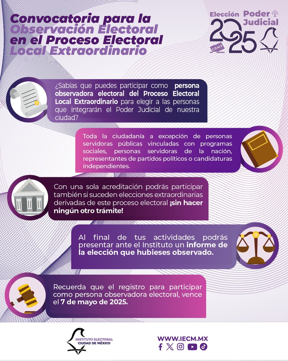 3️⃣ Observa, participa, transforma 🔎 Únete como persona observadora electoral en el Proceso Electoral Local Extraordinario 2025 y certifica los procedimientos 🗳️

 ¡Inscríbete antes del 7 de mayo de 2025! 👉 iecm.mx