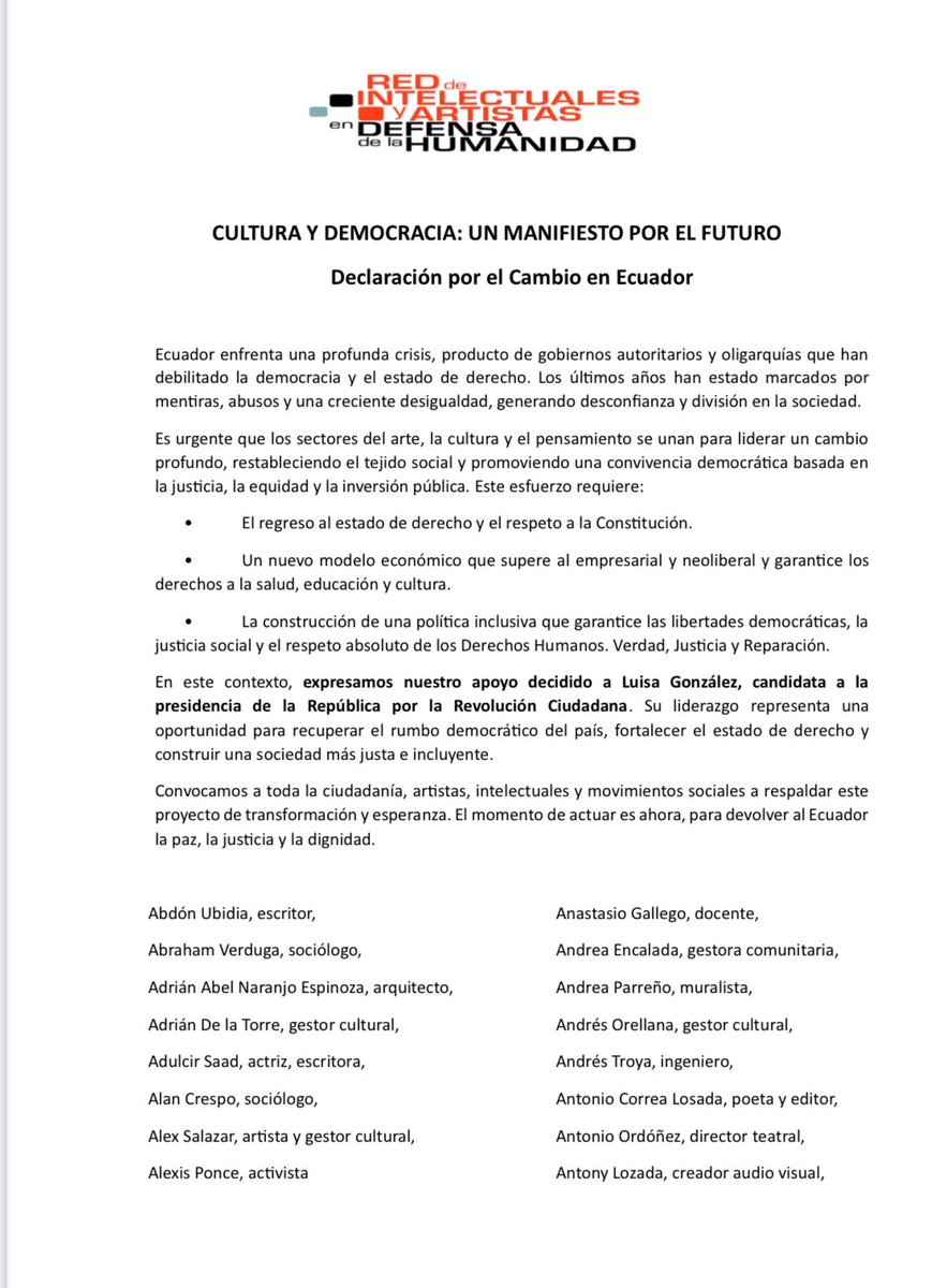 paveleguez's tweet photo. Artistas, intelectuales y gestores culturales manifiestan su apoyo a @LuisaGonzalezEc candidata a la presidencia de Ecuador por la @RC5Oficial 
Cultura y Democracia: un manifiesto por el futuro. https://t.co/Z0RcEalcTG